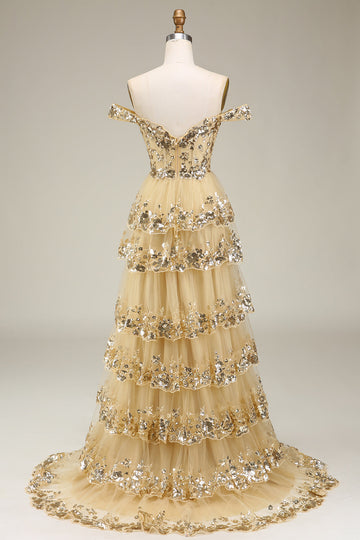 Off the Shoulder Golden Corset Tiered Prom Dress with Slit
